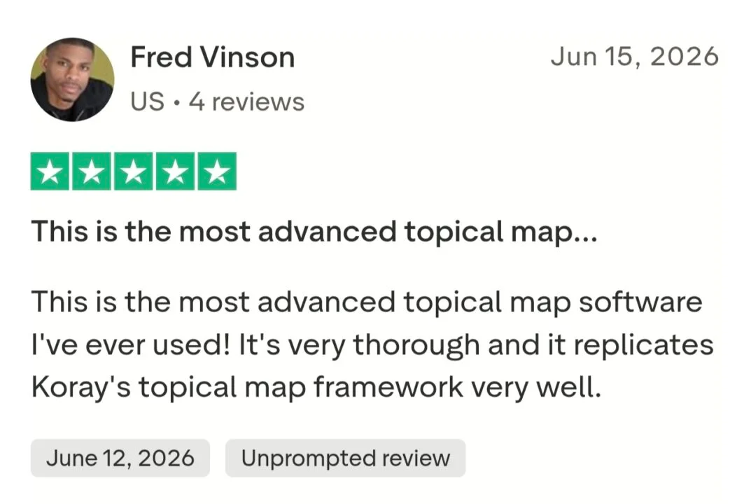 Trustpilot 5-star review by Fred Vinson (US): "This is the most advanced topical map software I've ever used! It's very thorough and it replicates Koray's topical map framework very well."